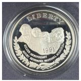 1991 Silver Proof Mt. Rushmore $1, US 90%