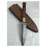 Damascus Steel Fixed Stiletto Blade Knife w Sheath