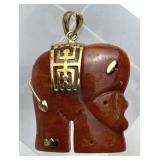 14K Gold & Red Jade Elephant Charm Pendant