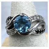 925 Silver Blue & White Topaz & Red Garnet Ring