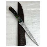 Damascus Steel Long Fillet Blade Knife w/ Sheath