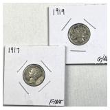 1917 & 1919 Early Mercury Silver Dimes, US 90%