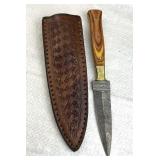 Damascus Steel Fixed Stiletto Blade Knife w Sheath