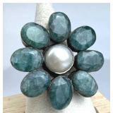 925 Silver Aventurine & Freshwater Pearl Flower Ri