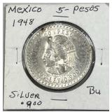 1948 Silver Mexico 5 Pesos Coin, Quality 90%