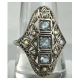 925 Silver Vintage Blue Zirconia & Opal Accent Rin