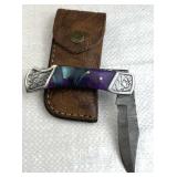 Damascus Steel Folding Blade Knife w/ Sheath