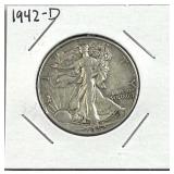 1942-D Walking Liberty Silver Half Dollar, US 90%