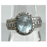 925 Silver Vtg Ross Simons Sky Topaz, Diamond Ring