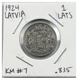 1924 Silver Latvia 1 Lats Coin .835 Pure