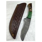 Damascus Steel Fixed Curved Blade Knife w/ Sheath