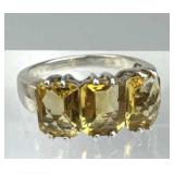 925 Silver 3 Optic Cushion Cut Citrine Gem Ring