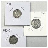 (3) 1941-1942 Mercury Silver Dimes, US 90%