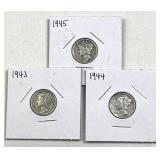 (3) 1943-1945 Mercury Silver Dimes, US 90%