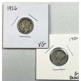 1920 & 1926 Mercury Silver Dimes, US 90% 10c