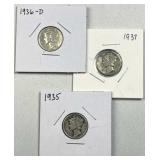 (3) 1935-1937 Mercury Silver Dimes, US 90%