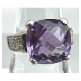 925 Silver Large Optic Amethyst w/ Diamond Ring