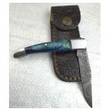 Damascus Steel Folding Blade Knife w/ Sheath