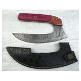 Damascus Steel Fixed Sickle Blade Knife w/ Sheath