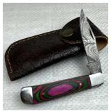 Damascus Steel Folding Blade Knife w/ Sheath