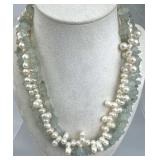 925 Silver 3-Strand Genuine Pearl & Jadeite Neckla