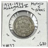 1929-34 Morocco Silver 5 Francs .680 Pure