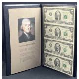 (4) 2009 Uncut US $2 Bills in Jefferson Folio, CU