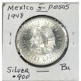 1948 Silver Mexico 5 Pesos Coin, Quality 90%