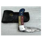 Damascus Steel Folding TX Blade Knife w/ Sheath