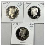(3) 1989-1993 Gem Proof JFK Clad Half Dollars