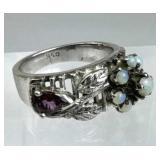 950 Silver Vintage Ruby & Opal Flower Band Ring