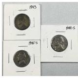 (3) 1943-45 WWII Era Silver War Nickels, 35%