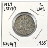1924 Silver Latvia 1 Lats Coin .835 Pure