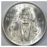 1978 Silver Mexico 100 Pesos, Quality BU .720