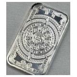 1oz Silver Bar, Aztec Calendar Art .999 Fine