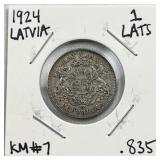 1924 Silver Latvia 1 Lats Coin .835 Pure