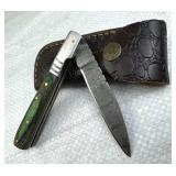Damascus Steel Folding Blade Knife w/ Sheath