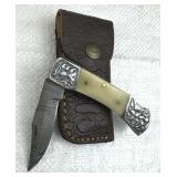 Damascus Steel Folding Blade Knife w/ Sheath