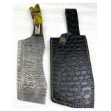 Lg Damascus Steel Cleaver Blade Knife w/ Sheath