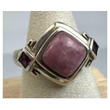 925 Silver Geometric Rhodonite & Side Garnet Ring