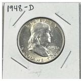 1948-D Franklin Silver Half Dollar, Quality, 90%