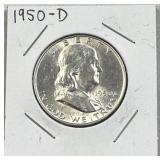 1950-D Franklin Silver Half Dollar, Quality, 90%