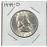 1949-D Franklin Silver Half Dollar, Quality, 90%