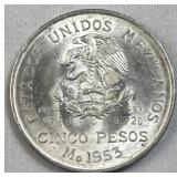1953 Silver Mexico 5 Pesos .720 BU