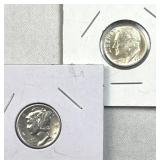 1942 Mercury & 1964 Rosy Silver Dimes, US 90%