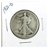 1921-D Walking Liberty Silver Half Dollar, US 90%