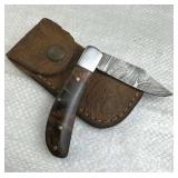 Damascus Steel Folding Blade Knife w/ Sheath