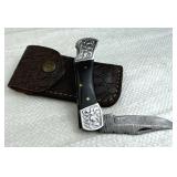 Damascus Steel Folding Blade Knife w/ Sheath