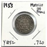 1953 Silver Morocco 100 Francs, XF .720
