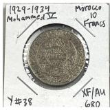1929-34 Silver Morocco 10 Francs, XF/AU .680